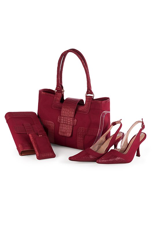 Burgundy red women's dress handbag, matching pumps and belts. Top view - Florence KOOIJMAN